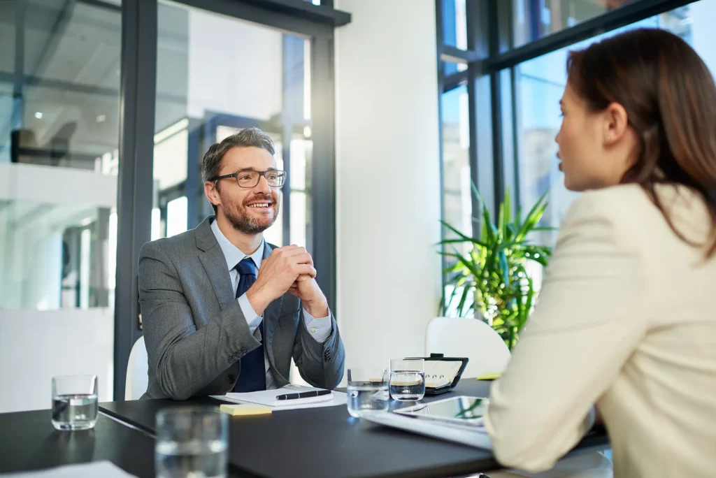 Businessman, meeting and interview with client for b2b