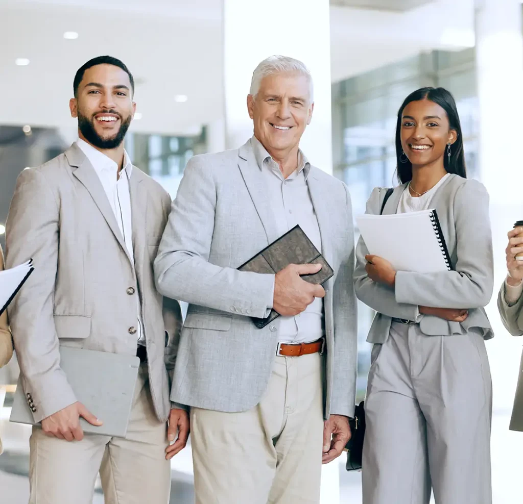 Diversity, business people in portrait and smile with team at office